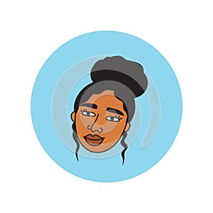 African american woman face,hand drawn logo of negroid race woman with curly hair.Social media avatar, simple round icon.Doodle