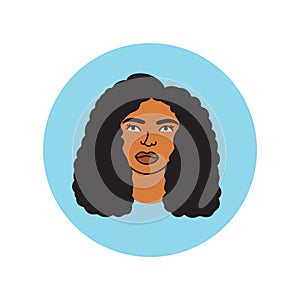 African american woman face,hand drawn logo of negroid race woman with curly hair.Social media avatar, simple round icon.Doodle