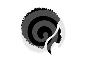 African American woman face profile. Logo women profile silhouette with fashion curly afro hair style concept, vector isolated