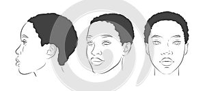 Vector African American woman face. Set of dark-skinned women portrait three different angles.