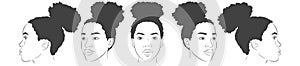 Vector African American woman face. Set of dark-skinned women portrait. Different view angles front, profile, three