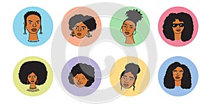 African american woman faces set, hand drawn logos of negroid race women with curly hair.Social media avatars collection, simple