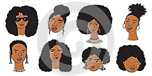 African american woman faces set, hand drawn logos of negroid race women with curly hair.Social media avatars collection, simple