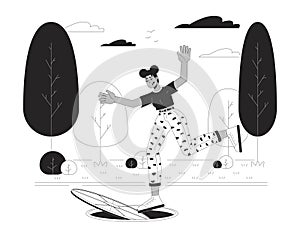 African american woman falling in sewer black and white cartoon flat illustration