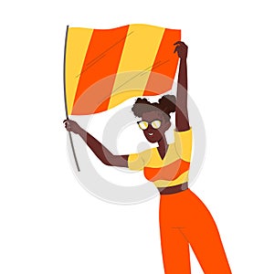 African American Woman Fan Character with Red Orange Flag Cheering for Sport Team Vector Illustration