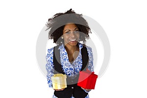 African american woman with gift boxes