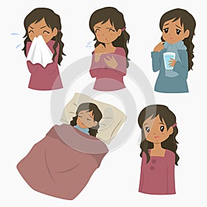 African American Woman Having Flu Sickness Cartoon Vector Set