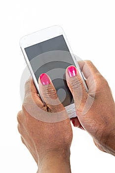 African american woman Holding Phone mobile smartphone blank empty screen