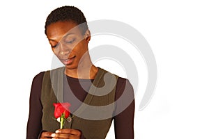 African American Woman Holding a Single Red Rose