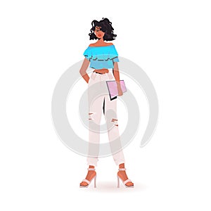 African american woman holding tablet pc beautiful girl model in trendy clothes female cartoon character