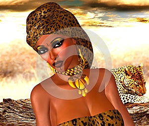 African American Woman in Leopard Print Fashion with Beautiful Cosmetics and Head Scarf.