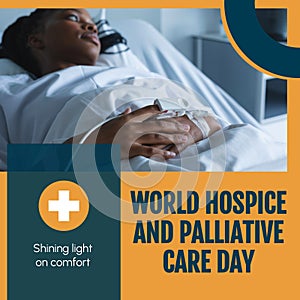 African american woman lying on bed, world hospice and palliative care day, shining light on comfort