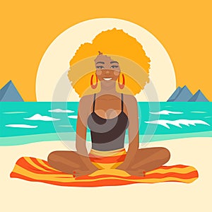 African American woman meditating on beach towel, sunny seaside scene. Black female practicing yoga, peace and wellness