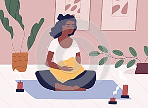 African American woman meditating and performing yoga at home in solitude. Relaxed female character practicing