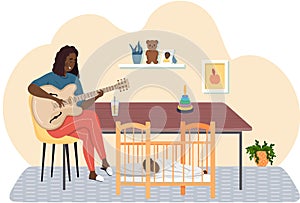 African american woman playing guitar. Mom singing lullaby to baby at night and helps him to sleep