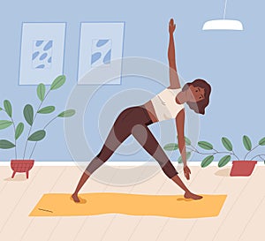 African american woman practising yoga at home. Female character doing asana or stretching indoors. Black yogini