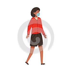 African American Woman in Protective Mask Walking Along the Street Vector Illustration