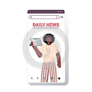 African american woman reading newspaper daily news press mass media concept