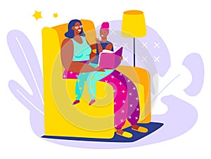 African American woman reading to child, cozy bedtime story scene. Happy mother and daughter enjoy book, sitting on