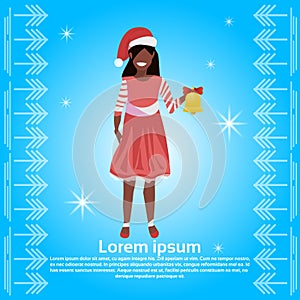 African american woman red hat hold bell happy new year merry christmas concept flat female cartoon character blue