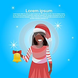 African american woman red hat hold gift happy new year merry christmas concept flat female cartoon character blue