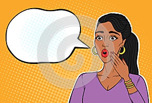 African American woman shocked face with open mouth and starry eyes, sketch in pop art retro comic style