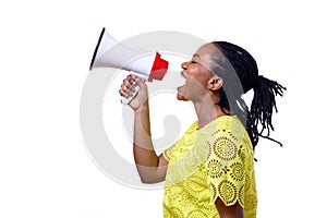 African American woman shouting at megaphone