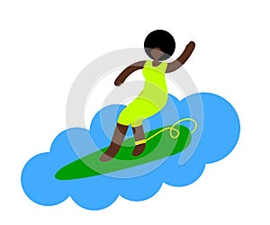 African American woman surfing. Cartoon. Vector