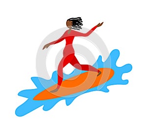 African American woman surfing. Cartoon. Vector