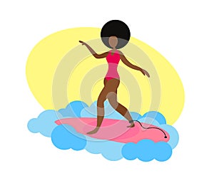 African American woman surfing. Cartoon. Vector