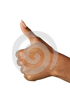 African American woman using hand gestures isolated on white background