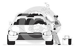African american woman washing car black and white cartoon flat illustration