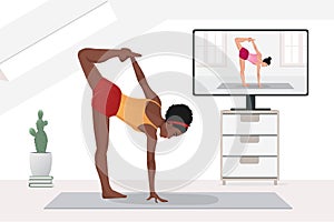 African american woman yoga education, practicing stretching at home with instructor by video on TV on Internet online