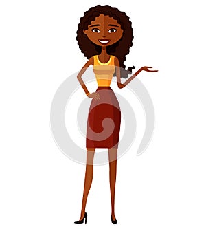 African American women. Attractive young lady presenting something flat cartoon vector illustration. Eps10. Isolated on a white ba
