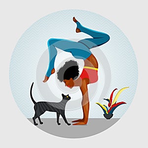 African American women standing in Adho Mukha Vrksasana exercise. Next to the woman walking cat. vector illustration.Yoga, concept