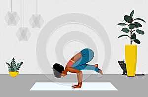 African American women standing in Adho Mukha Vrksasana exercise. Next to the woman walking cat. vector illustration.Yoga, concept