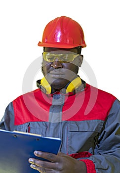 African American Worker In Personal Protective Equipment Writing On Clipboard Isolated On White Background