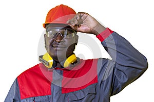 African American Worker In Protective Workwear Isolated On White Background