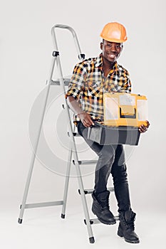 African American worker with tool box