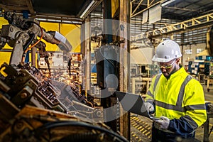 African american worker working in old united state factory in robot auto welding machine section