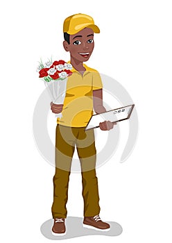 African american young boy courier holding bouquet of flowers