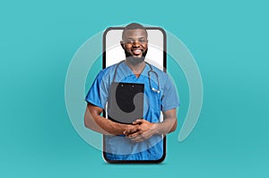 African American Young Doctor Presenting Telehealth Consultation App Interface