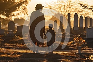 African americn mother with kid visiting grave in cemetery in sunset. Generative AI