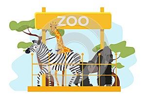 African animal zoo place poster herbivore zebra, giraffe and gorilla, zoological garden flat vector illustration