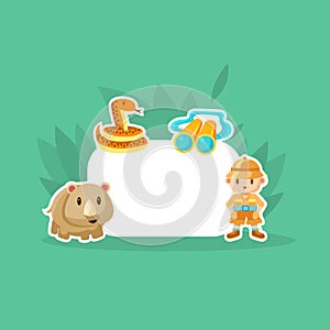 African Animals and Boy in Safari Outfit with Empty Banner Vector Illustration