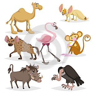 African animals cartoon set. Dromedary camel, vulture, flamingo, hyena, warthog, monkey with banana and african fox fennec. Zoo wi