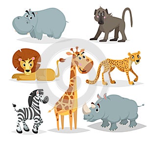 African animals cartoon set. Hippo, baboon monkey, lion, giraffe, cheetah, zebra and rhino. Zoo mammal collection. Vector illustra