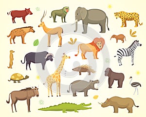 African animals cartoon vector set. elephant, rhino, giraffe, cheetah, zebra, hyena, lion, hippo, crocodile, gorila and