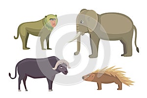 African animals cartoon vector set. elephant, rhino, giraffe, cheetah, zebra, hyena, lion, hippo, crocodile, gorila and