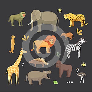 African animals cartoon vector set. elephant, rhino, giraffe, cheetah, zebra, hyena, lion, hippo, crocodile, gorila and